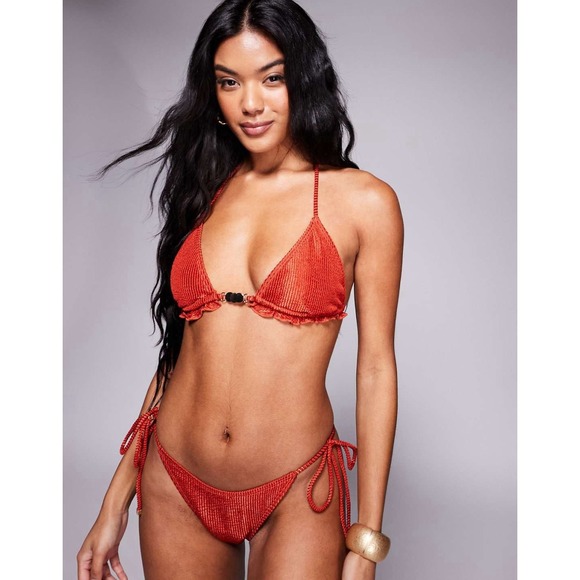 NEW South Beach Crinkle Frill Triangle Bikini Top Rust Gold Womens 2 Ruffle Swim - Picture 13 of 15